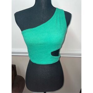 NWT Pretty Little Things Bright Green Crinkle Rib One Shoulder Cut Out Crop Top